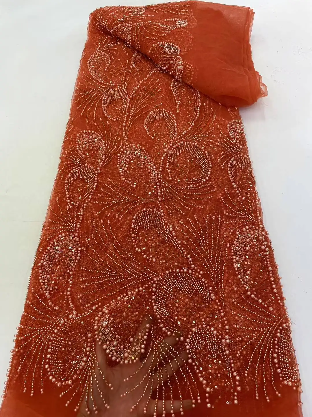 

African Lace Fabric Beaded Lace Fabric Sequins Nigerian Bridal 2025 High Quality Embroidery Tulle Lace Fabric For Wedding