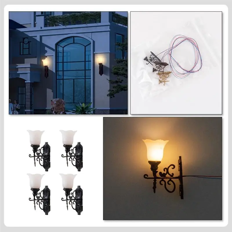 4pcs Simulated Miniature Wall Lamp LED Simulation Mini Street Light Toy Dollhouse Furniture Model Sand Table Decorations