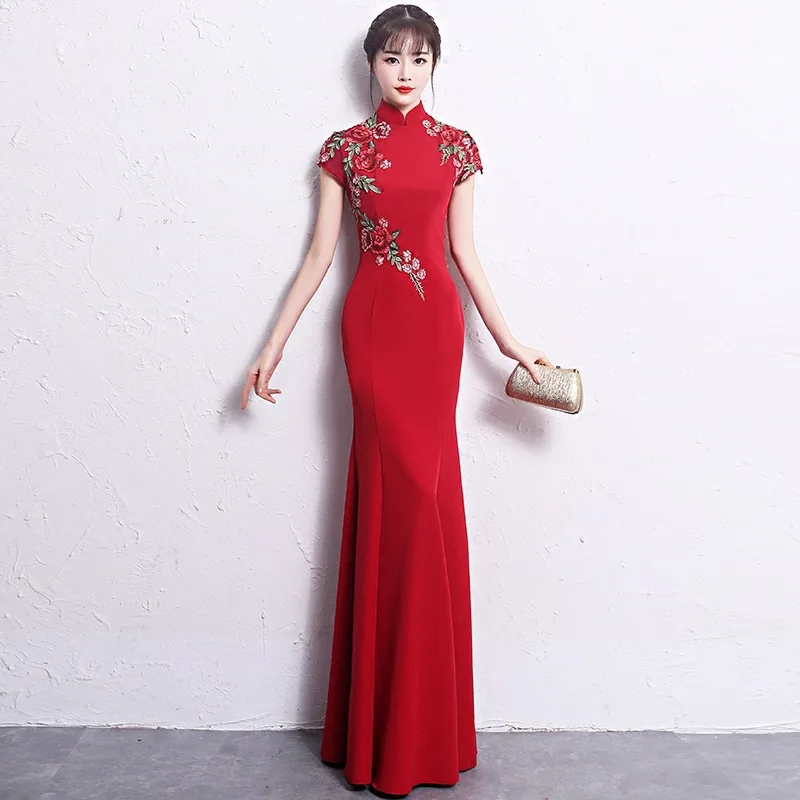

Chinese Sle Long Red Evening Dr Fi Tail Qipao Wedding Ceremony Toasting Costume Faionable mid Waist Polyester