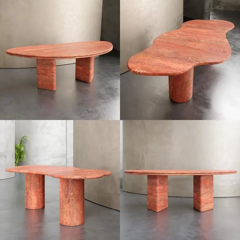 Natural Red Limestone Oval Dining Table with Two Solid Slate Legs Style for Family Cafe Villa Decoration