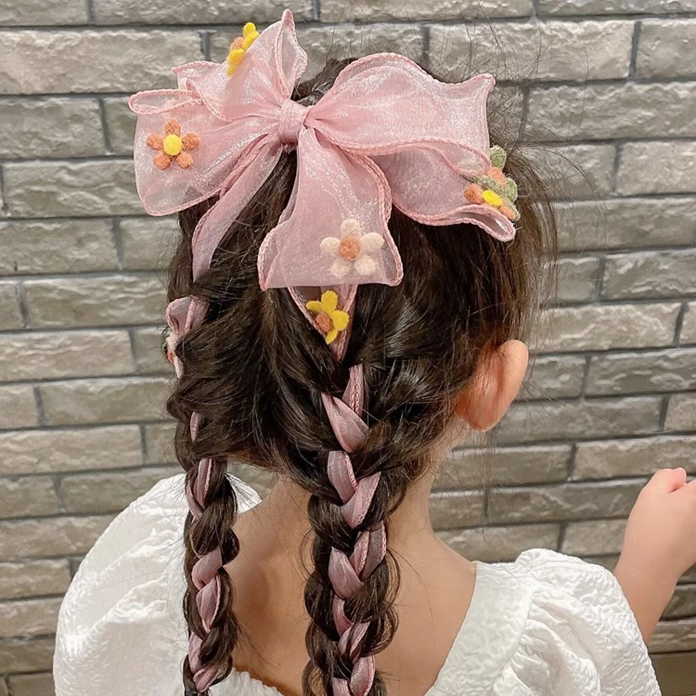 Students Hair Accessories Sweet Flower Bow Hair Clips For Girls Long Ribbon Chiffon Hairpin Children Kids Barrettes