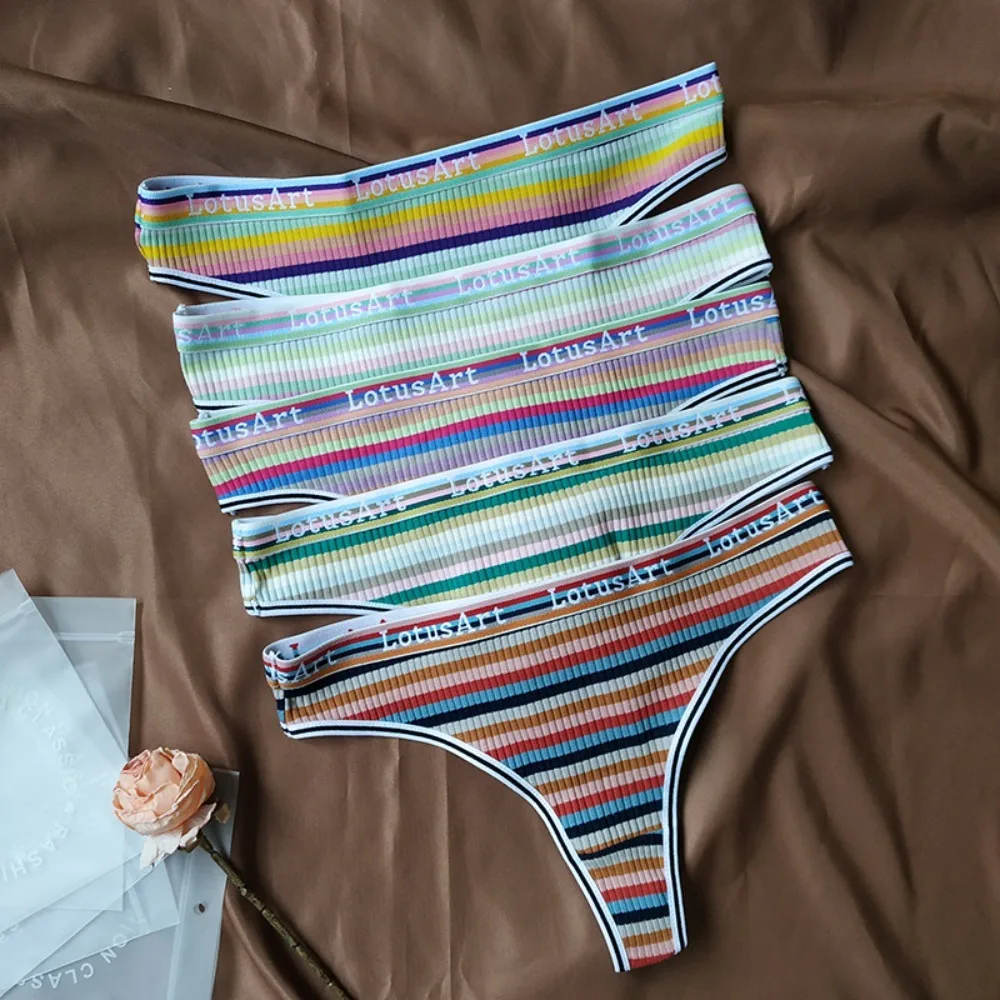 

Retro Low Waist Rainbow Letter Panties Knitting Patchwork Women Classic Thong Cotton Crotch Large Size Stripe Bikini Briefs Lady