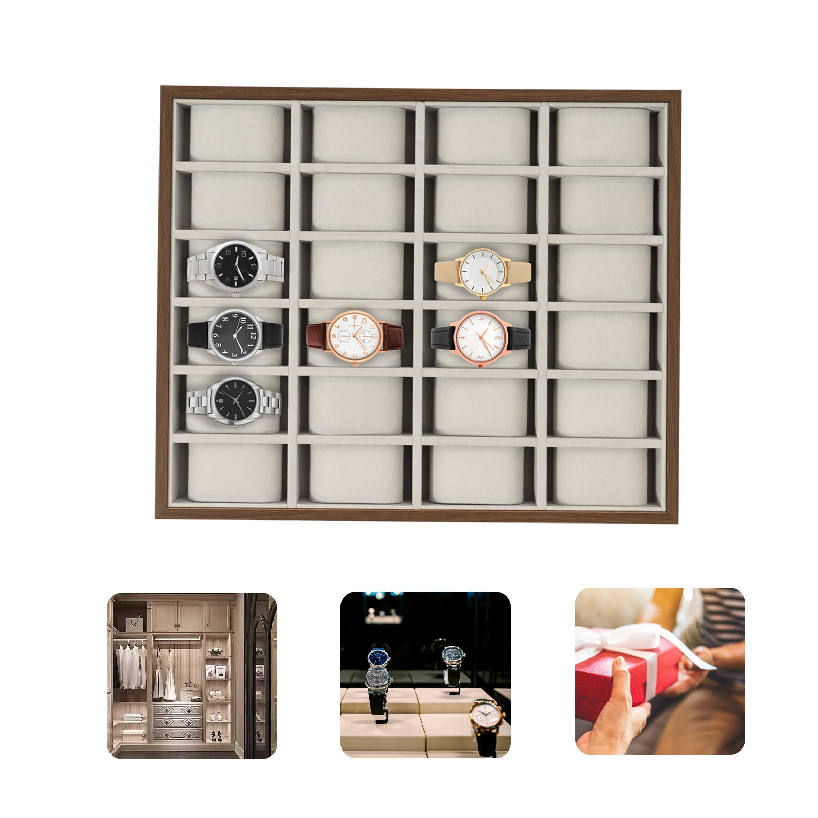 

24 Grid Watch Jewelry Tray Organizer Wooden Box Organizer Display Tray Watch Bracelet Display Holder With Removable Pillow