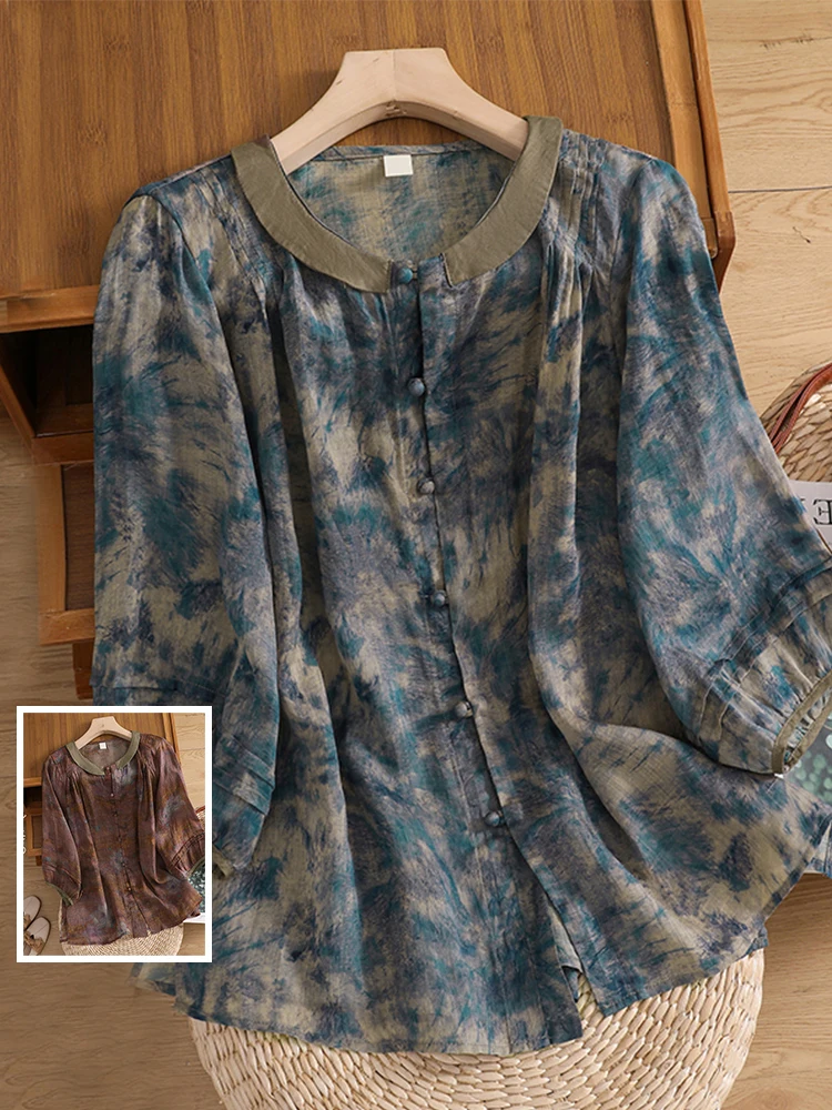 Csa Fena Casual de Verão com Estampa Retrô, Manga Lanterna, Gola Redonda, Caimento Solto, em Linho e Aodão Tingido, ...