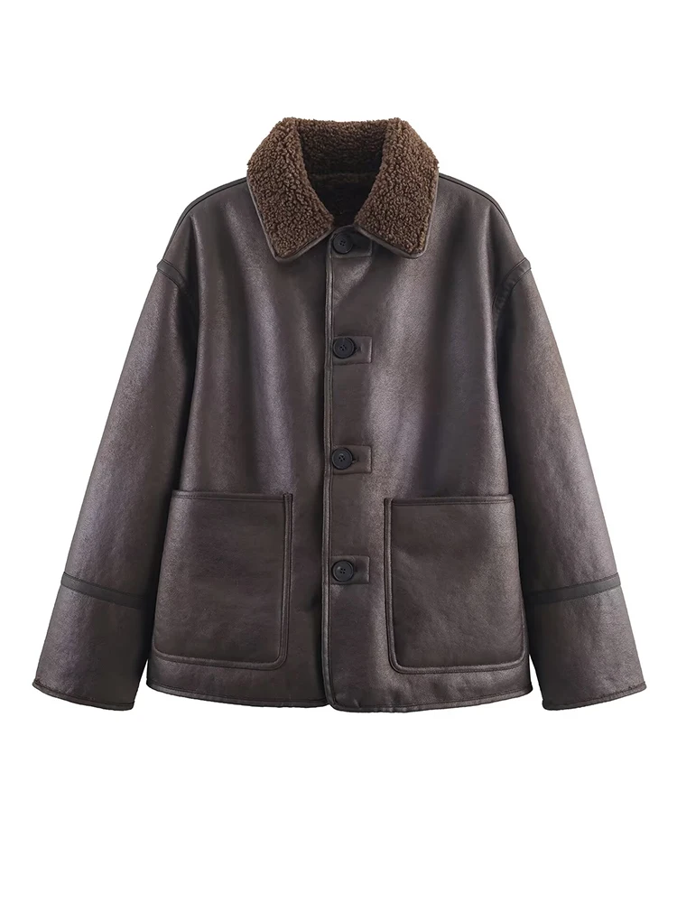 

HH Women's New Fashion Winter Jackets Brown Turn-Down Collar Long Sleeve Pocket Single breasted Female Casual Reversible Coats