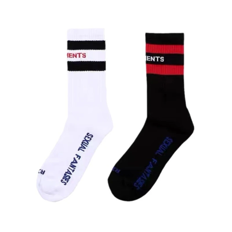 3 pair Trendy brand socks Vete solid color parallel bars men\'s and women\'s ins sports pure cotton mid length socks