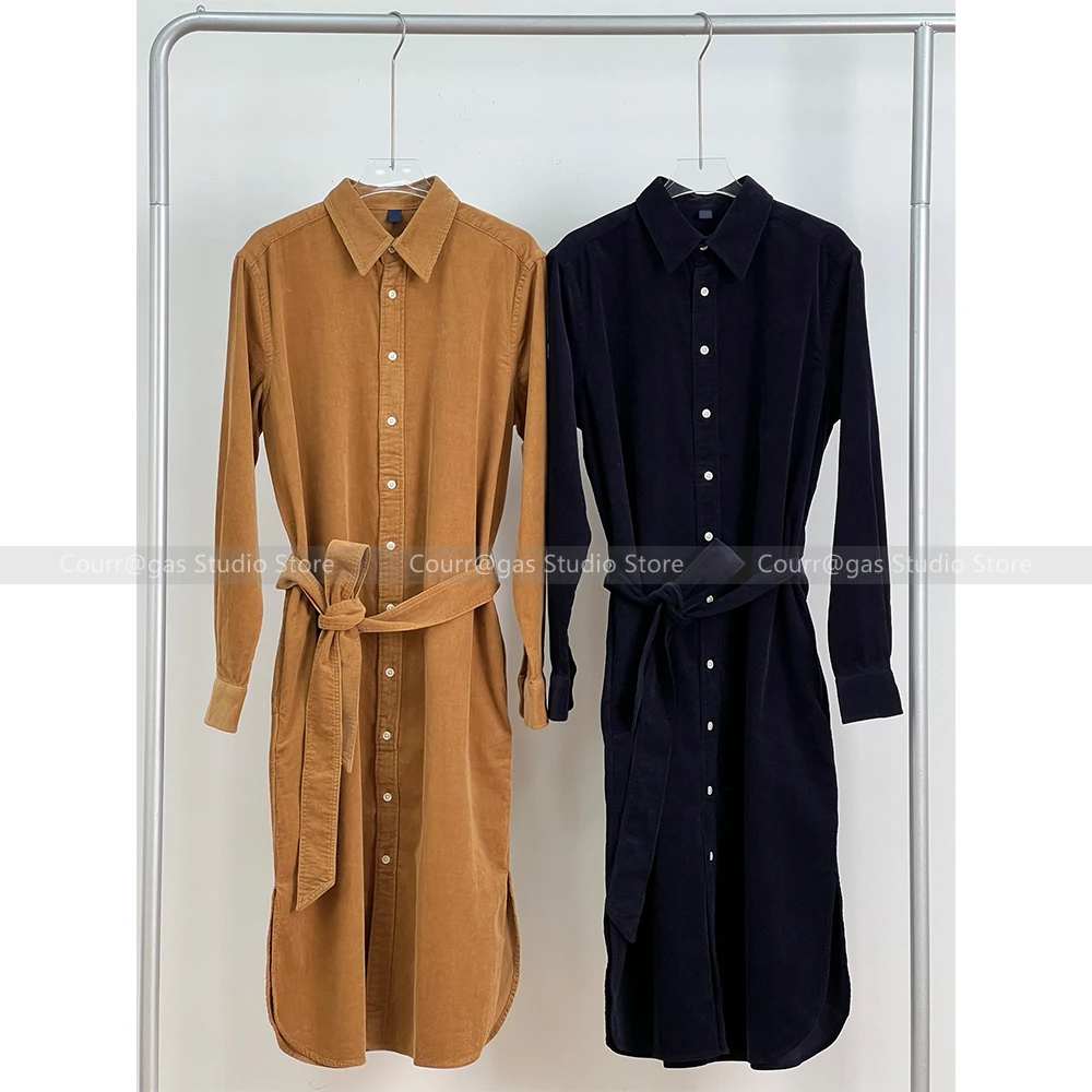 

Women's 2024 Early Autumn New Retro Lapel Belt Cotton Corduroy Shirt Dress