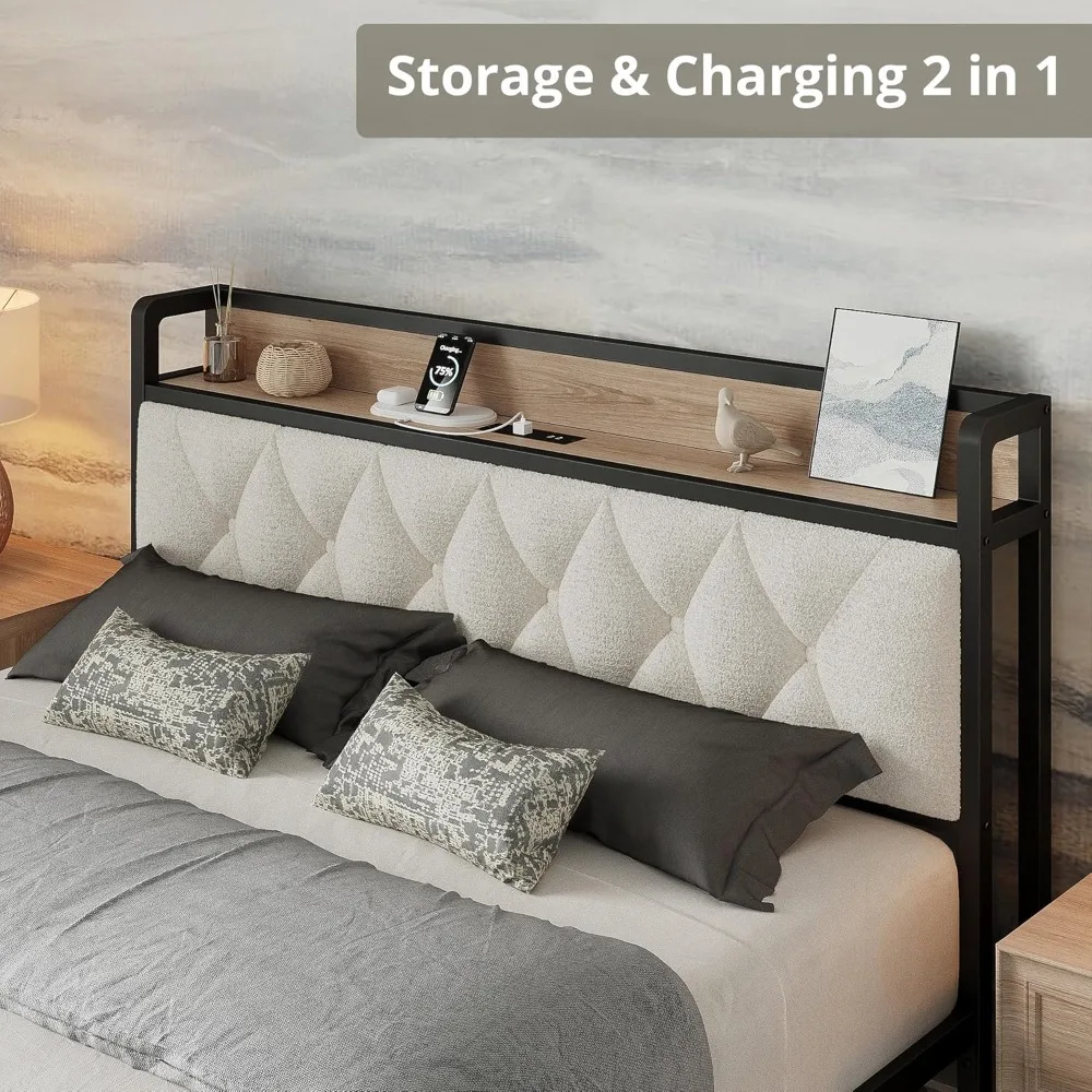 إطار سرير، لوح رأسي للتخزين مع قاعدة شحن، إطار سرير بمنصة مع دعم معدني قوي، قوي ومستقر