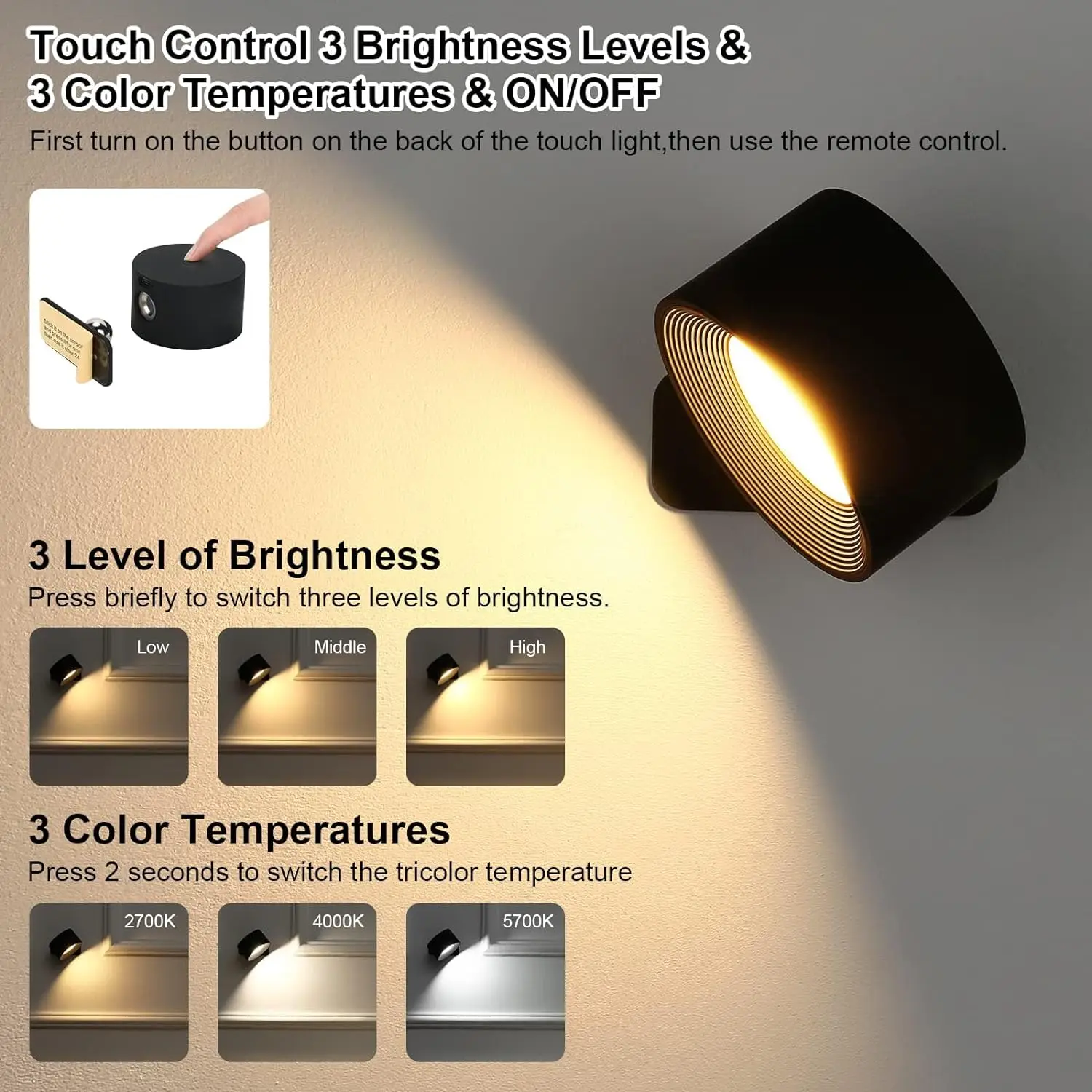 Lightess LED Wall Sconce Dimmable, Rechargeable Wall Sconces Battery Operated, Touch & Remote Control, 360° Rotate Magnetic Ball