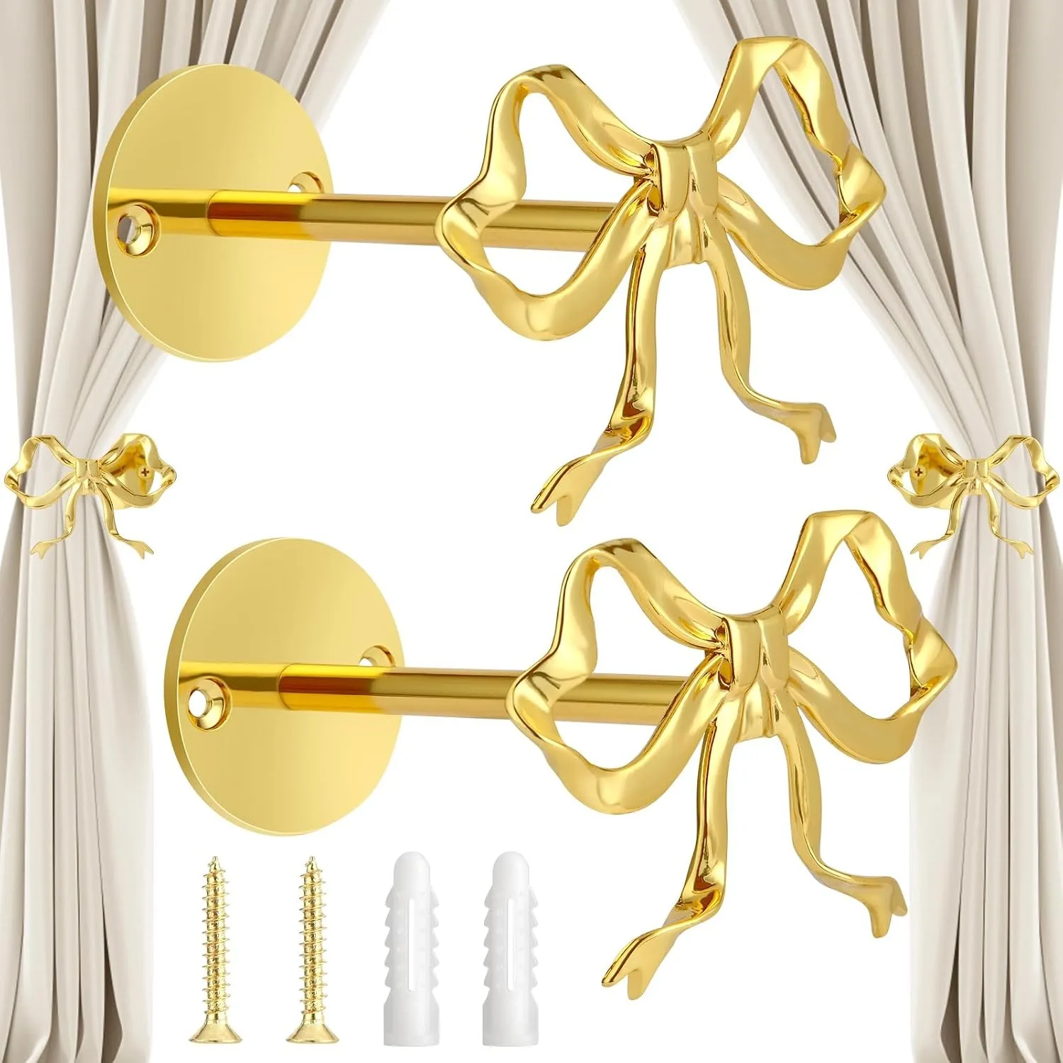 2PCS Gold Bow Curtain Holdbacks, Wall Mounted Metal Tiebacks Hooks, Elegant Window Curtain Pull Backs for Girls