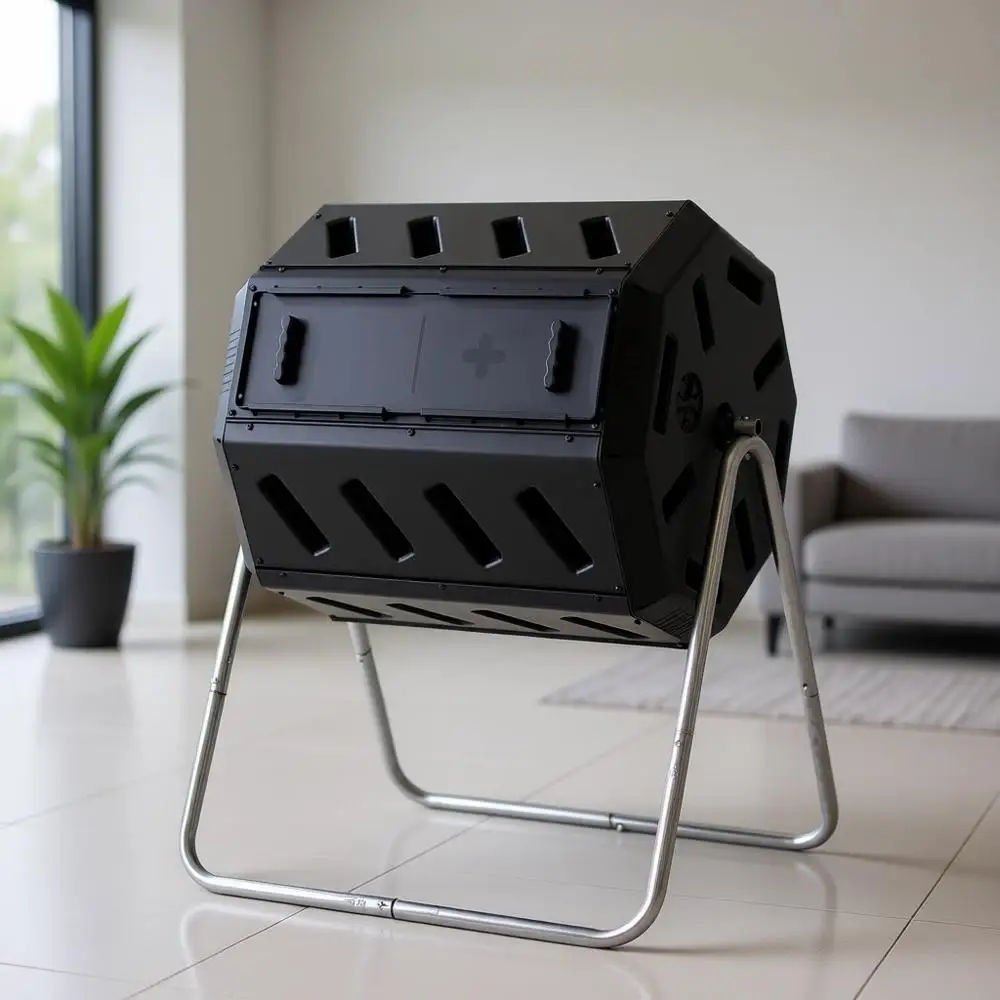 

Dual Chamber Recycled Resin Composter, 37 Gallon Outdoor Rotating Bin for Garden and Kitchen Waste