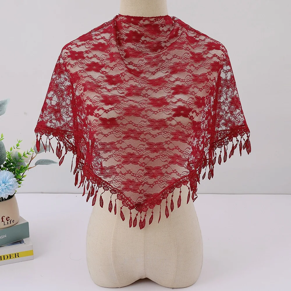 

Long Spring Lace Scarf Tassels Breathable Floral Triangle Shawl Sunscreen Polyester Hollowed Out Flower Shawl Vacation