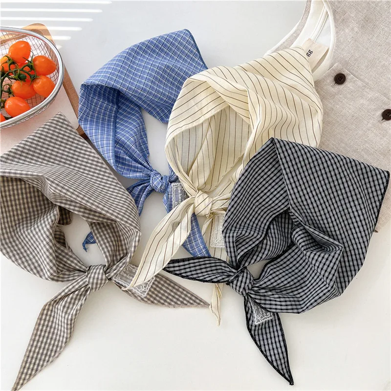 

Хлопковый клетчатый полосатый треугольный шарф, шейный платок, шарфы, повязка на шею, аксессуары для волос, платок, банданы, тюрбан для женщин