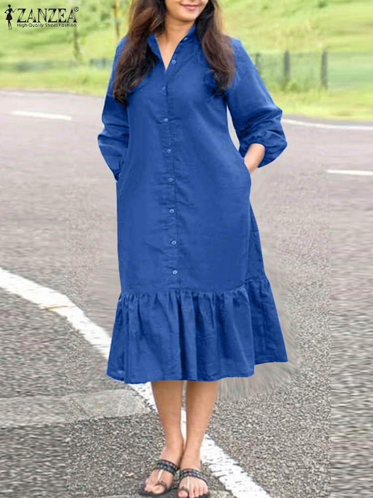 Zanzea moda feminina camisa vestido primavera babados vestido de verão elegante casual férias vestidos vintage manga longa sólido vestidos de trabalho