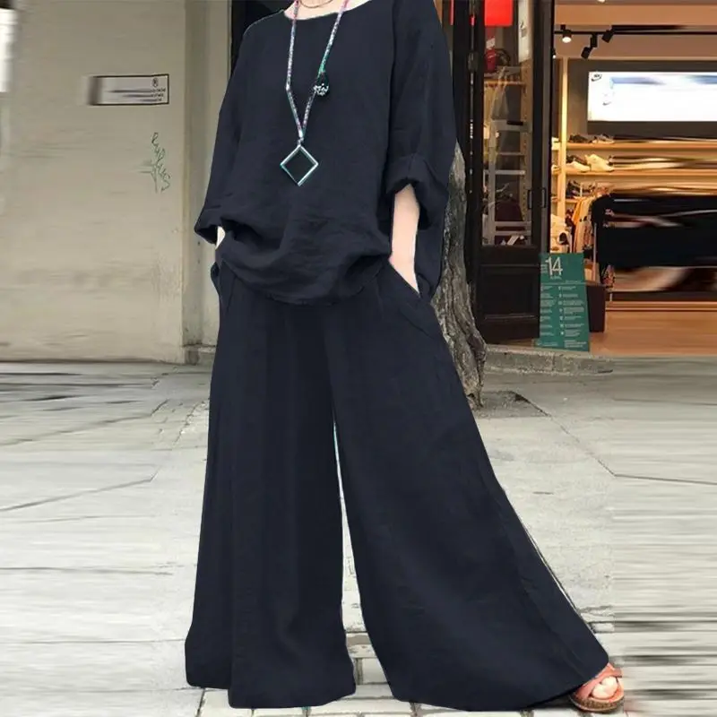 2 Pieces Linen Outfit Set Round Neck Rolled Sleeve Loose Blouse + High Waist Wide Leg Pants Solid Black Vintage Casual Suit ﻿
