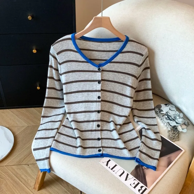 

Корейский повседневный простой однобортный вязаный кардиган с круглым вырезом, осень-зима, уникальный полосатый свитер контрастного цвета