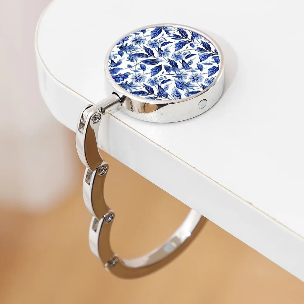 Folding Desktop Stand Hook Circular Blue and White Porcelain Design Table Edge Hook Hanging Zinc Alloy Tote Holder