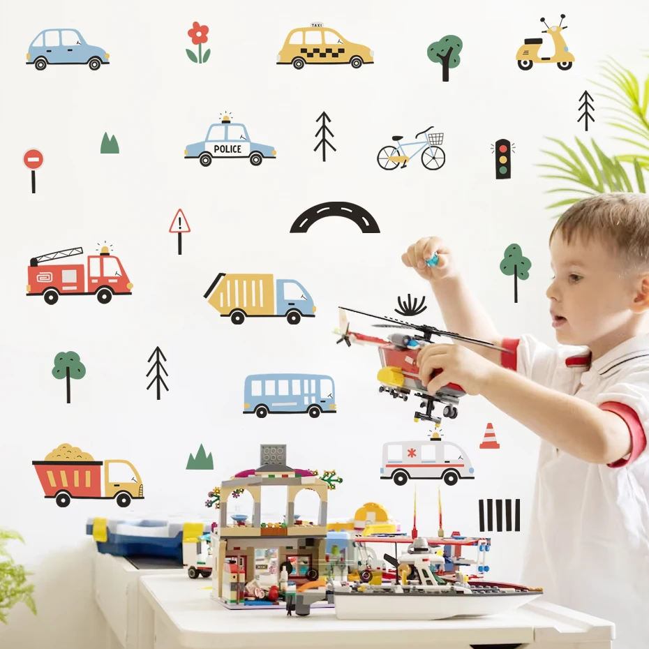 

Watercolor Cartoon City Transport Cars Tree Wall Stickers for Nursery Baby Bedroom PVC Decal Kindergarten Room Art Home Decor