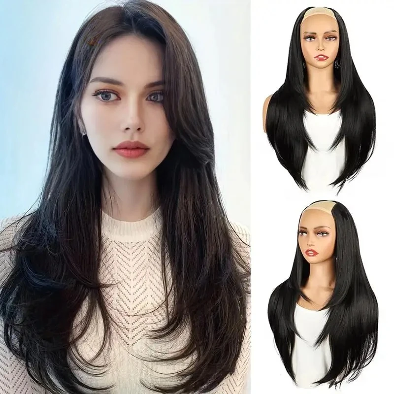 

Synthetic 55cm V-shaped Layered 4 Clips Long Straight Hair Extension Natural Invisible Hairpiece Wig for Women