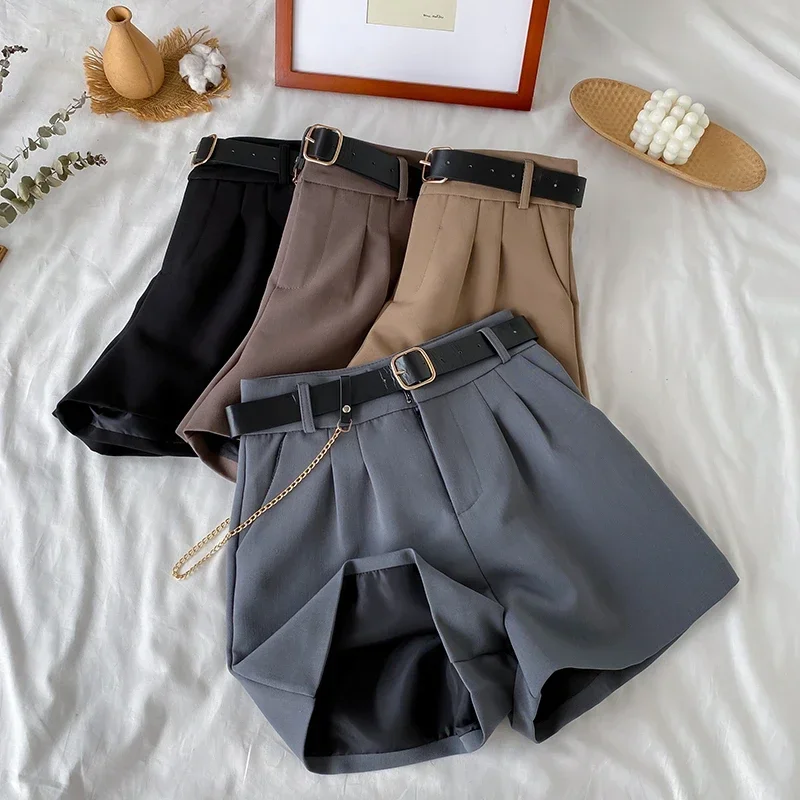 Women's Office Shorts High Waist Thin Wide Legged A-Line Suit Shorts Female Korean Style Casual New Short Pants with Belt