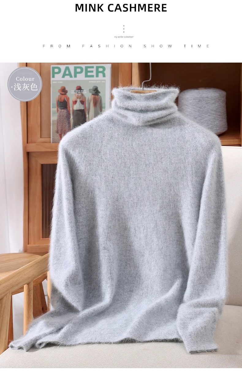 100% Pure Mink Fur Sweater Women's Pullover High Neck Knitted Sweater Autumn Winter New Item Pile Collar Thick Soft Base Sweater