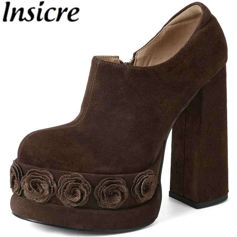 Insicre 2026 New Fashion Women's Pumps Sheep Suede Round Toe Platform Flowers Zipper Thick Supper High Heels Handmade Shoes