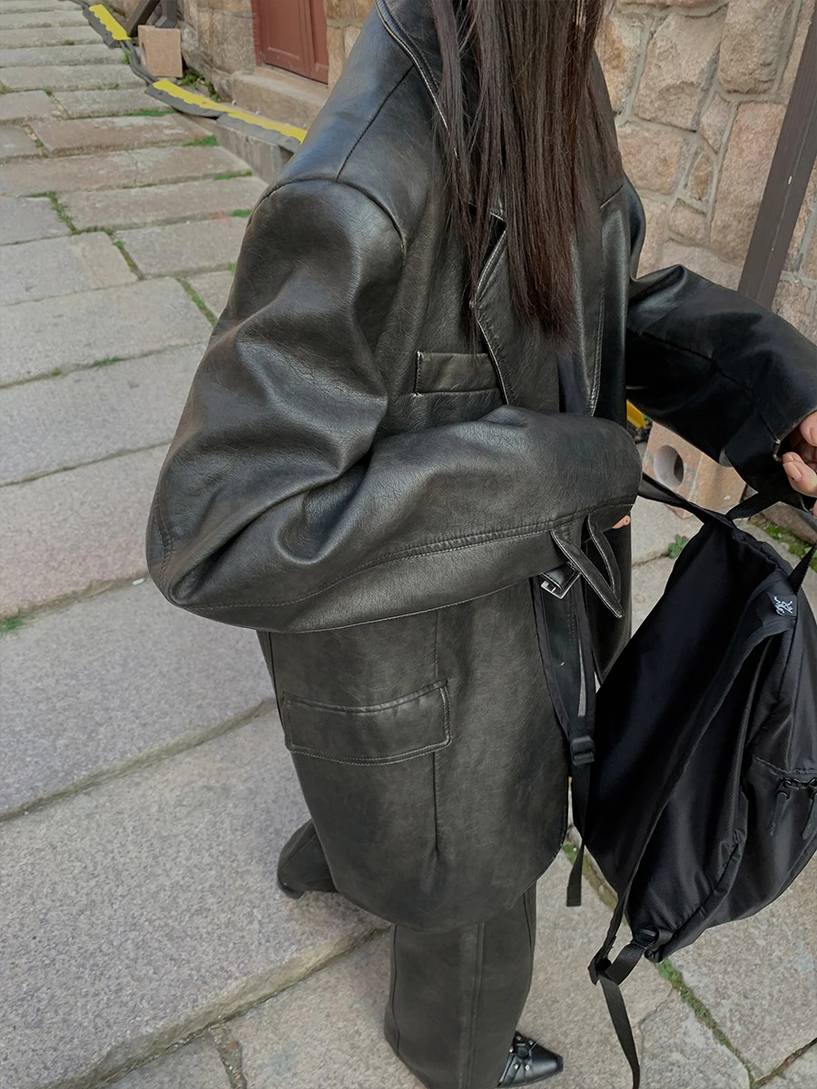 

Loeban Retro Waed out Vintage Bla Suiting Loose Fit Leather Jaet And Pants Set Versatile Sle for Young Women