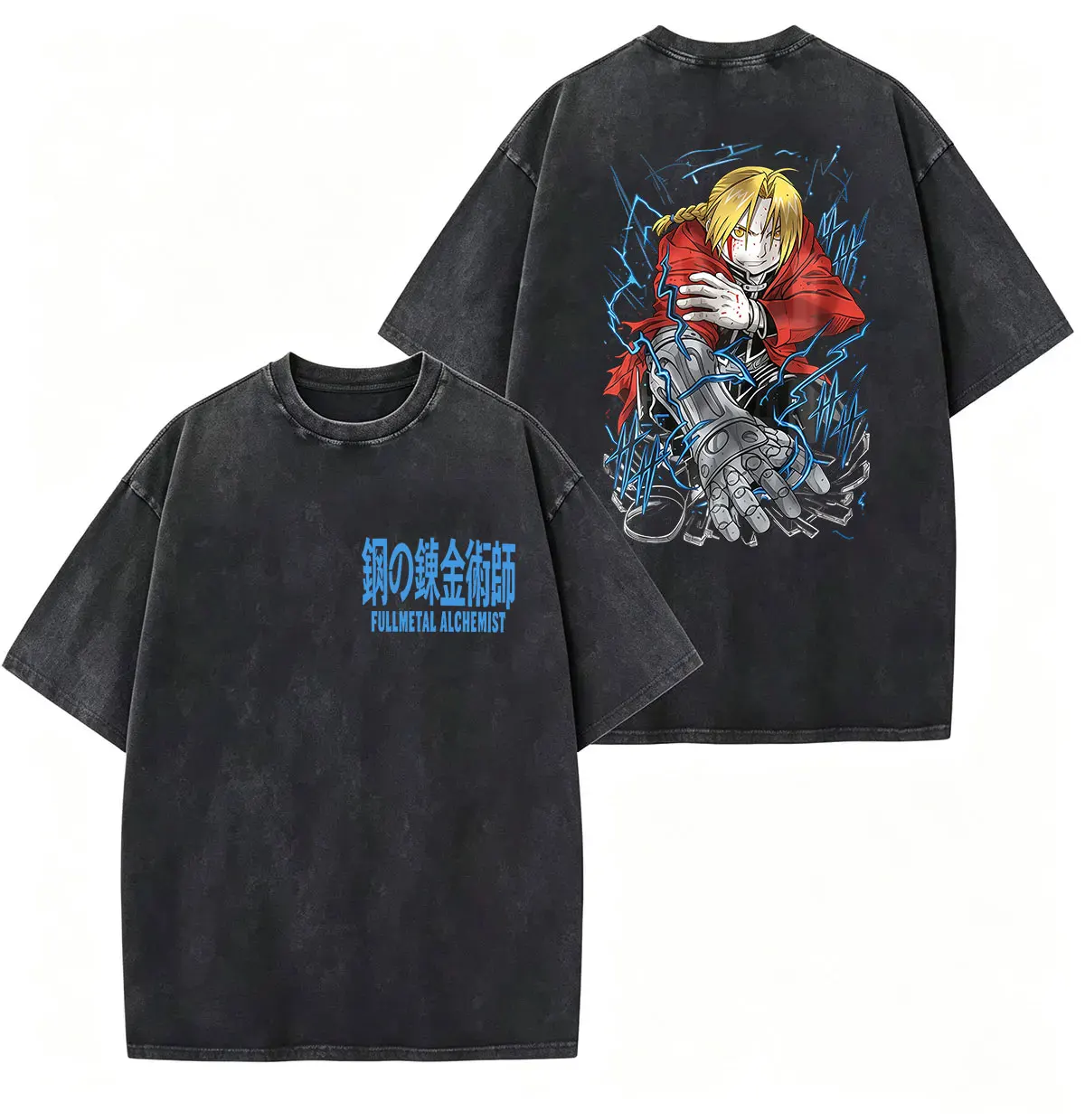 Vintage Washed Anime Fullmetal Alchemist T Shirts Edward Elric Alphonse Elric Print Short Sleeve T-Shirt Men Women Clothing Tees