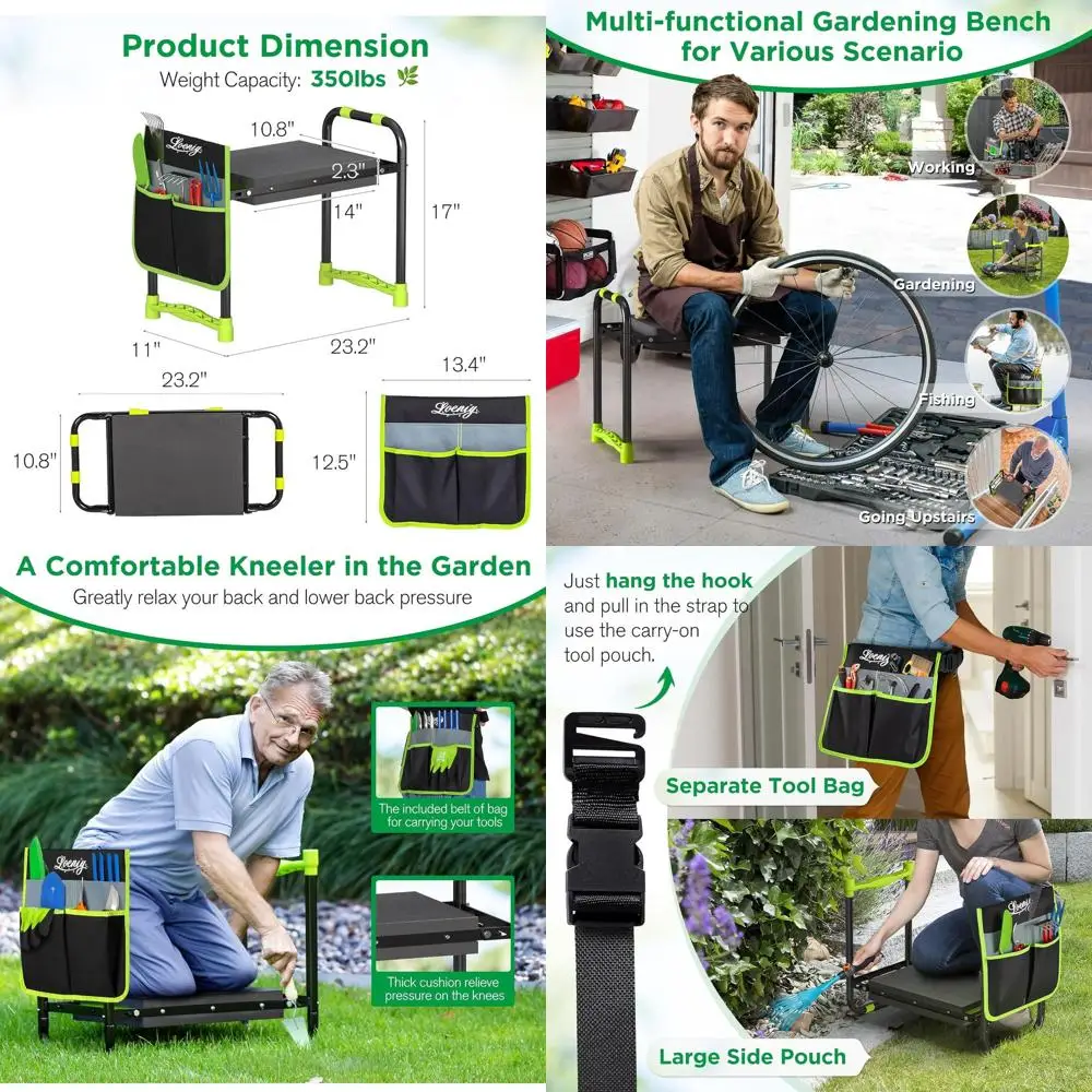 

10.8” Wide Garden Kneeler and Seat, Heavy Duty oldable Gardening Stool with Tool Belt Pouch, Portable Gardening Bench Chair or S