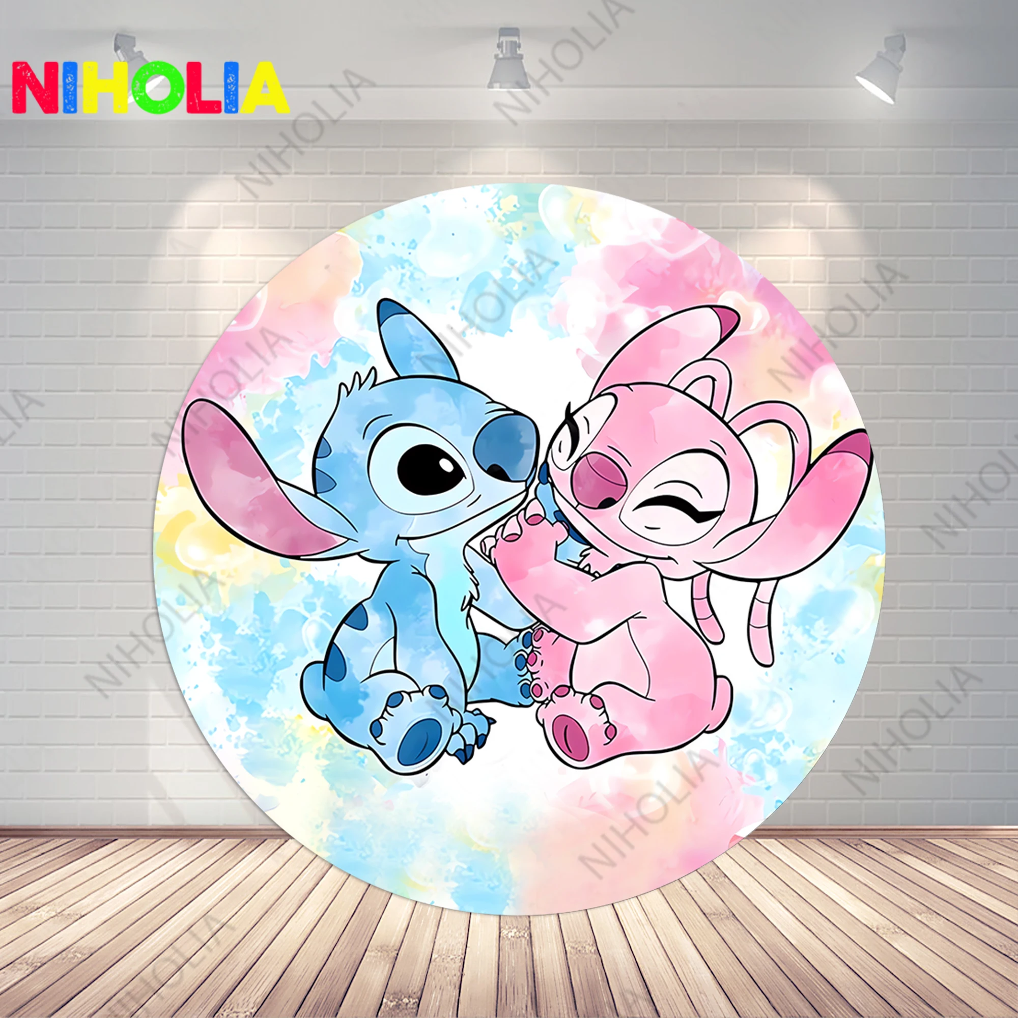 Stitch and Angel Round Photo Backdrop Kids Birthday Party Baby Shower Decoration Background Cylinder Cover For Cake Table