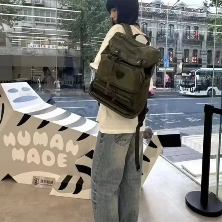 Human Made Style Heart Design Multi-Pocket Utility Backpack Military Casual Travel Schoolbag Unisex