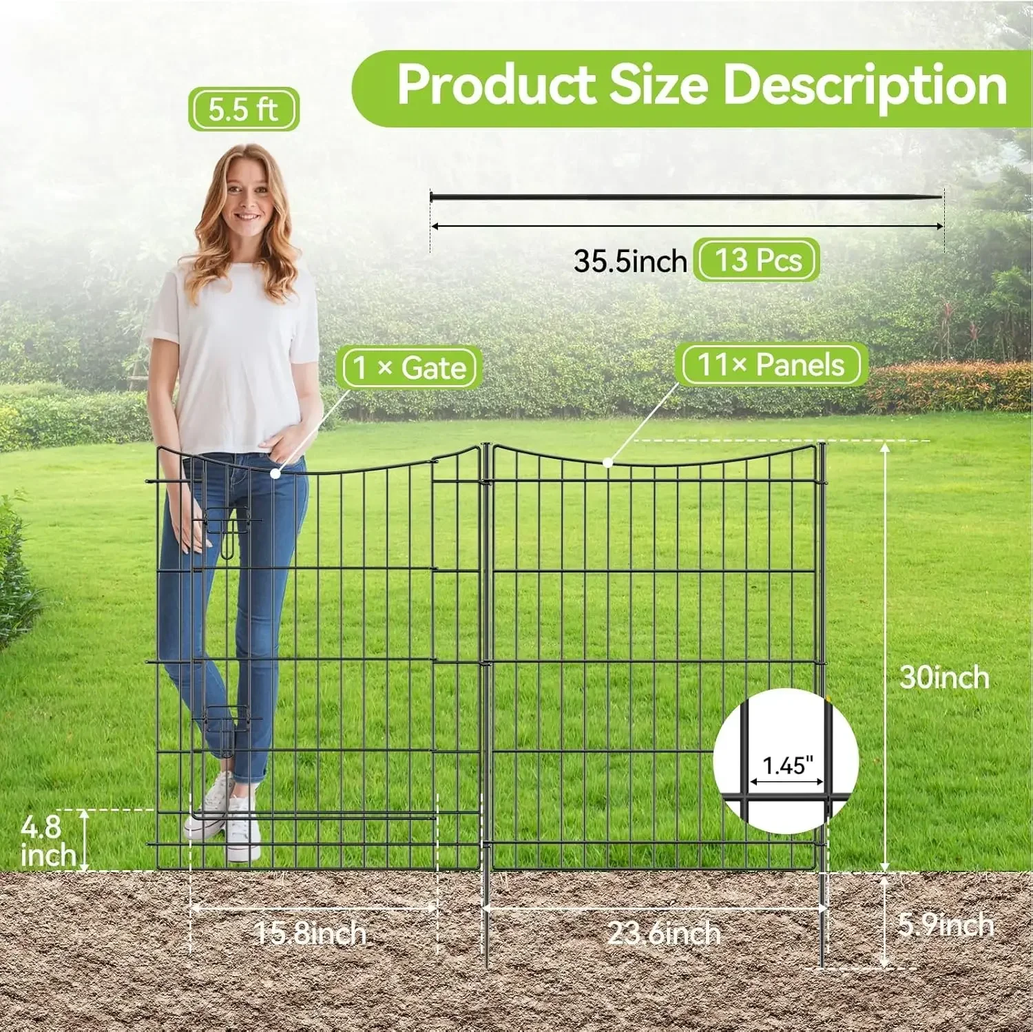 Garden Fence 12 Panels 23.6ft (L)×30in (H) Decorative Metal Fences with 11 Panels + 1 Gate, No Dig Animal Barrier Fencing Rustpr