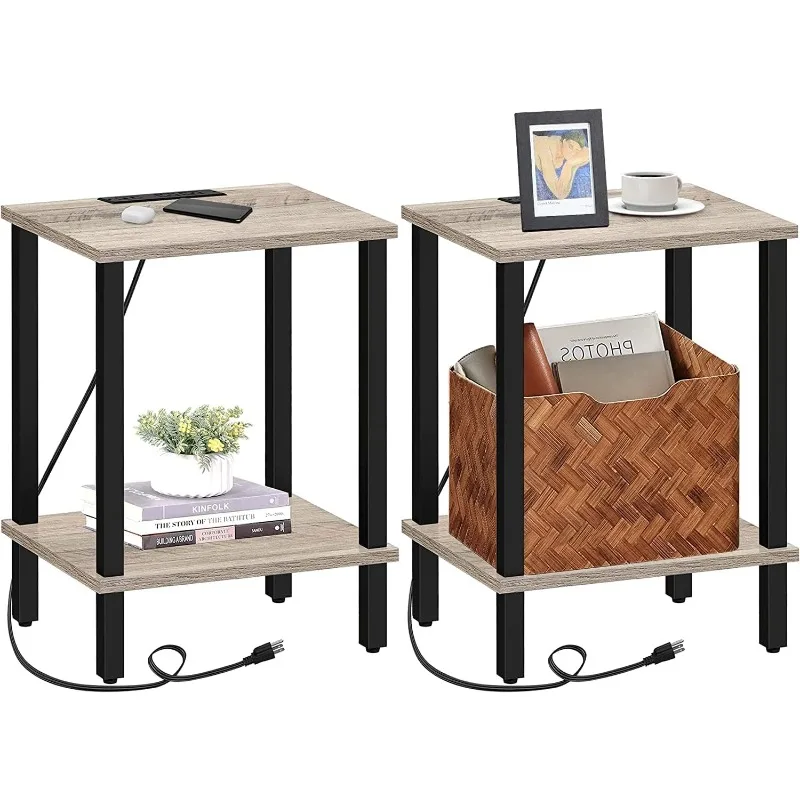 

End Table with Charging Station, Set of 2, Small Side Table, Nightstand Bedside Table, 2-Tier Storage Shelf, Couch Side Table