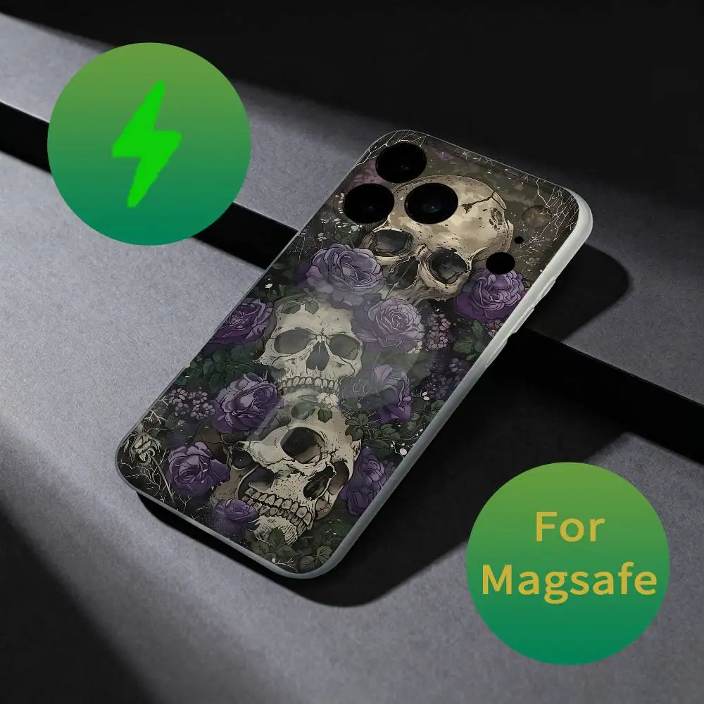 Flower Skull Pattern Phone Case For iPhone 17,16,15,14,13,12,X,XS,Pro,Max,Plus,E,Air,Mini with Magsafe Magnetic Liquid TPU
