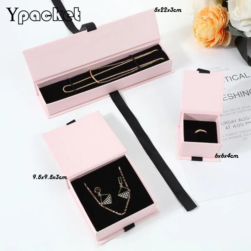 Pink Jewelrys Organizer Boxes Ribbon Engagement Rings For Earrings Necklaces Bracelet Display Pendant Jewelry Set Gift Paper Box