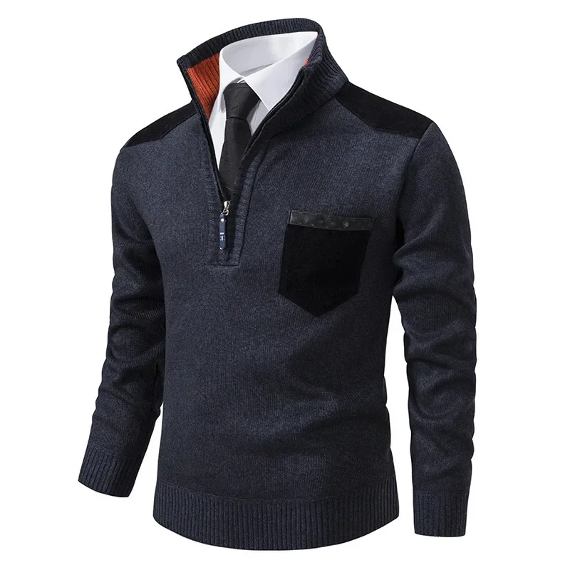 

2023 Autumn/Winter New Men's Standing Collar Pullover Fashion Casual Solid Color Plush Thickened Knit