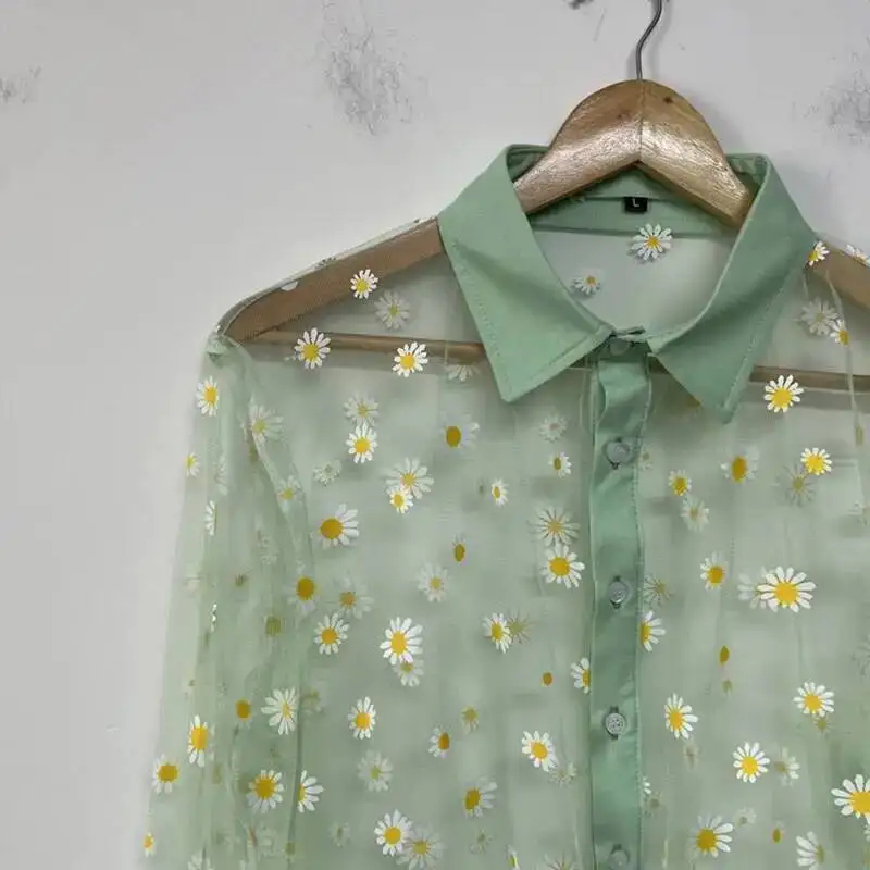 Sheer Mesh Men's Shirt Floral Print Decoration Layered Style Design Long Sleeve Lapel Single-breasted Casual Shirts DFR56