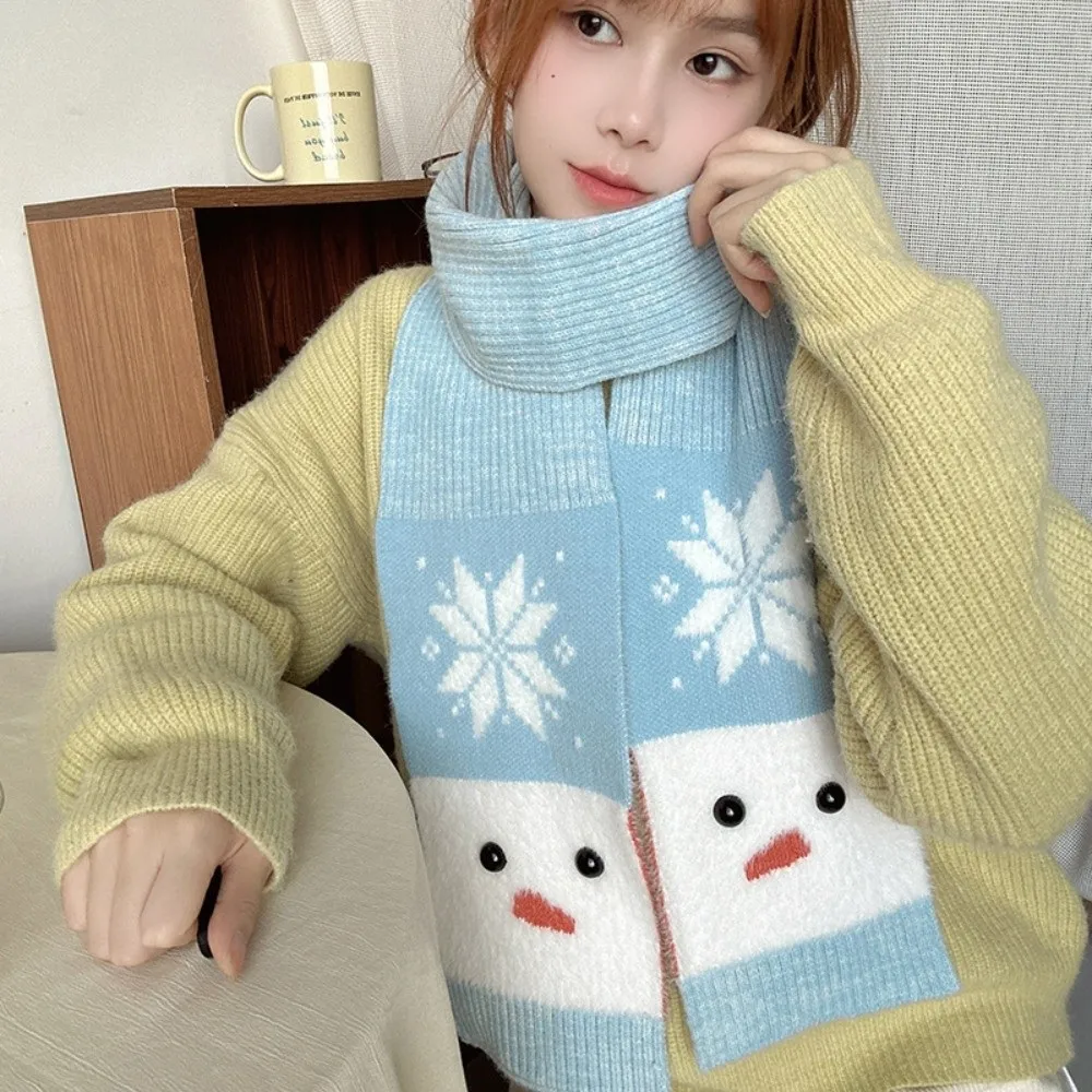 

Cute Snowflake Snowman Pattern Scarf Lightweight Korean Style Cashmere Blend Scarf Blue Windproof Knitted Shawl Winter