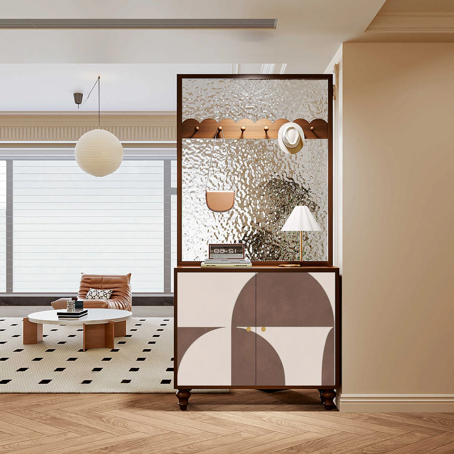 French vintage abstract entrance cabinet solid wood water grain glass entrance door screen partition living room storage shoe ca