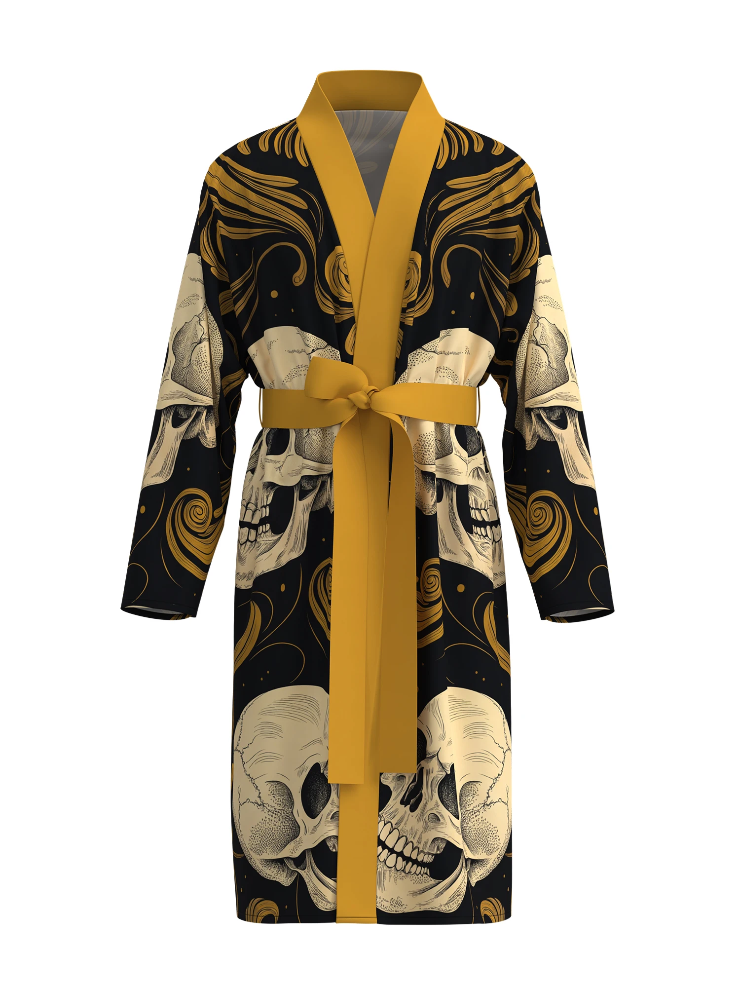 

Men's dark luxury skull print kimono bathrobe, gold baroque pattern long-sleeved home clothes, casual nightgown