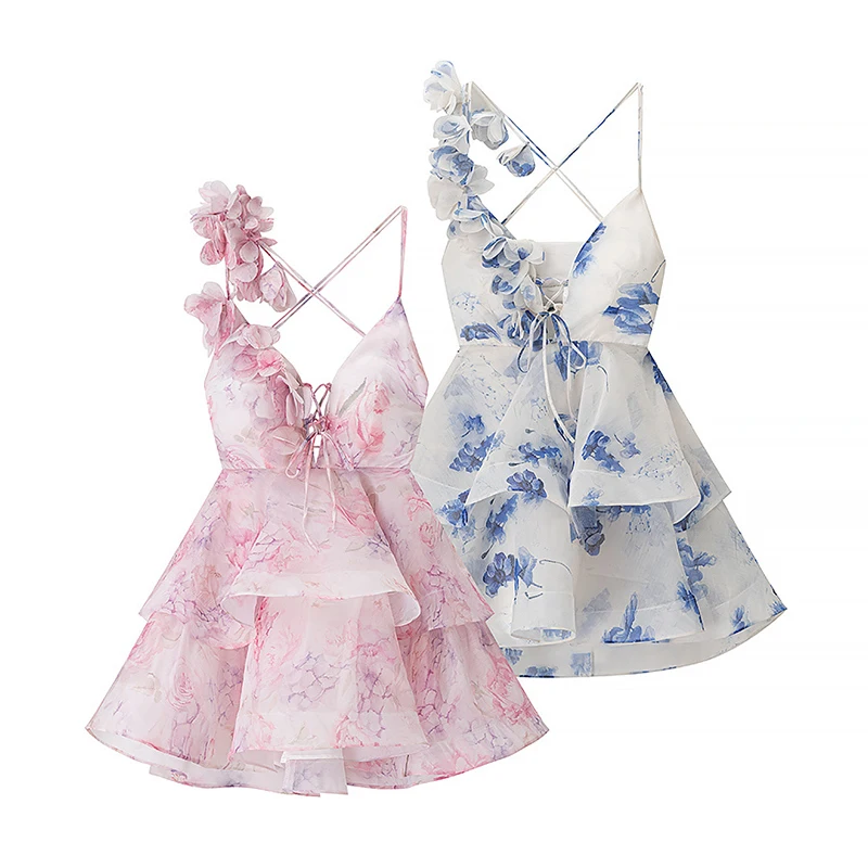 YENKYE Chic Bloemenprint Diepe V-hals Sexy Backless Sling Mini Jurken 2025, Verjaardag Straat Strand Feestjurken Vrouwelijke Vestidos