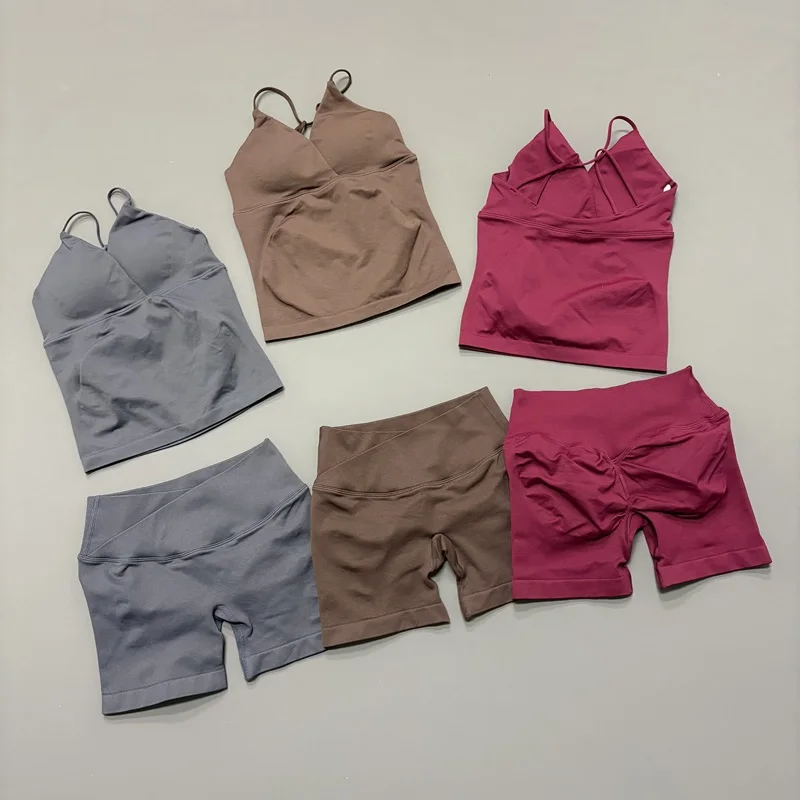 2 Pcs Sports Set Women Twist Front Longline Top Seamless Cross Waist Quick Dry Yoga Shorts Suit Gym Running Workout Fitness Sets