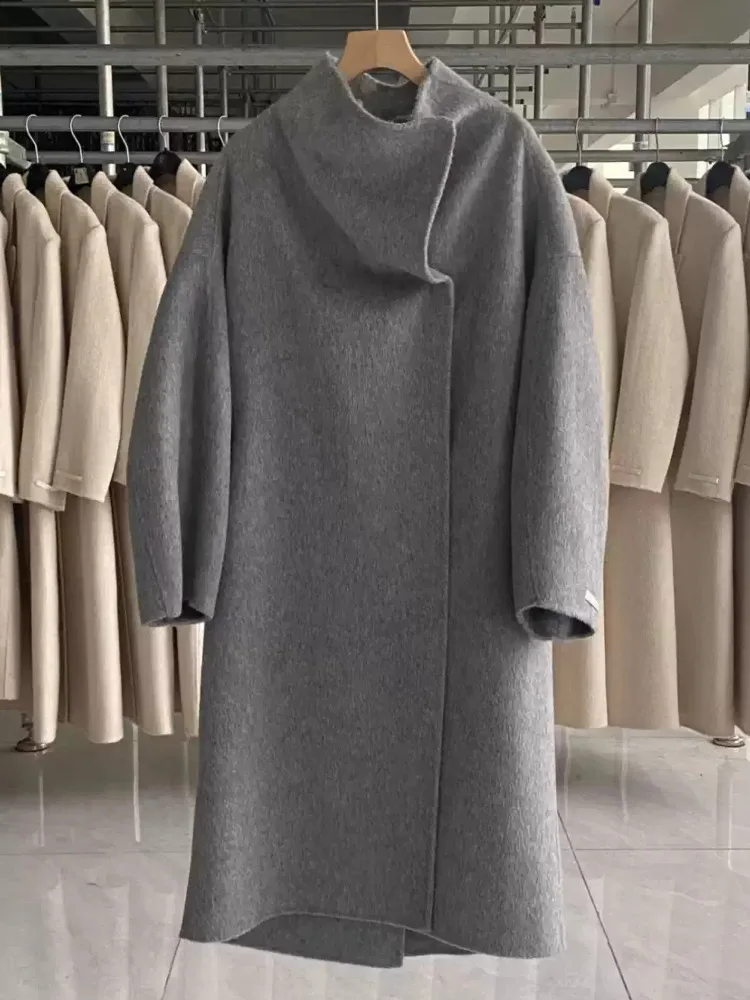 DFDG 2025 F/W معطف كشمير نسائي مخيط يدويًا بياقة مجعدة معطف طويل كبير الحجم تصميم بسيط معطف شتوي خندق #3