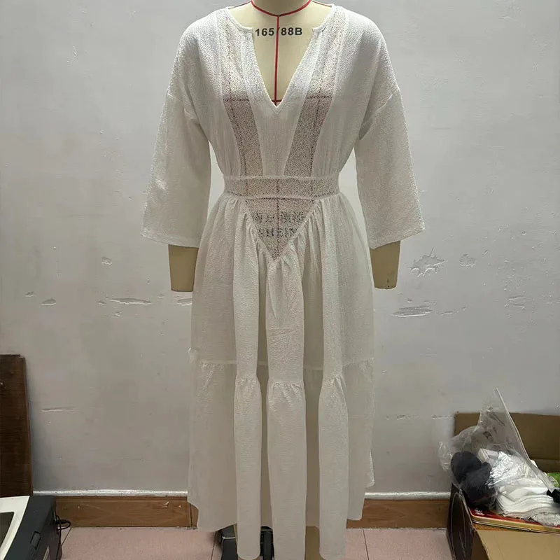 Sexy Boho Women's Summer Long Dress Female Elegant Beach Sundress Holiday Long Sleeve Lace Casual Loose Dresses Vestidos Платье
