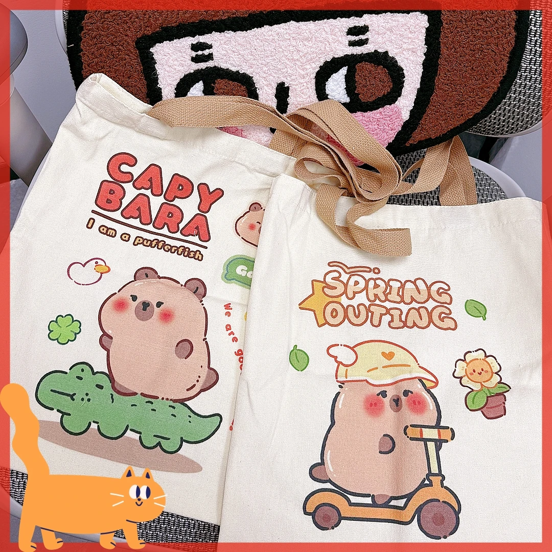 Canvas Bag Novelty Tote Bag Kapibara Daily Large Capacity Stationery Storage Shoulder Bag Cartoon Capybara Kawai Shoppping bags