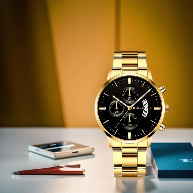 Модные мужские кварцевые часы с ремешком и календарем с браслетом и ожерельем кольцо в комплекте вечерние gift