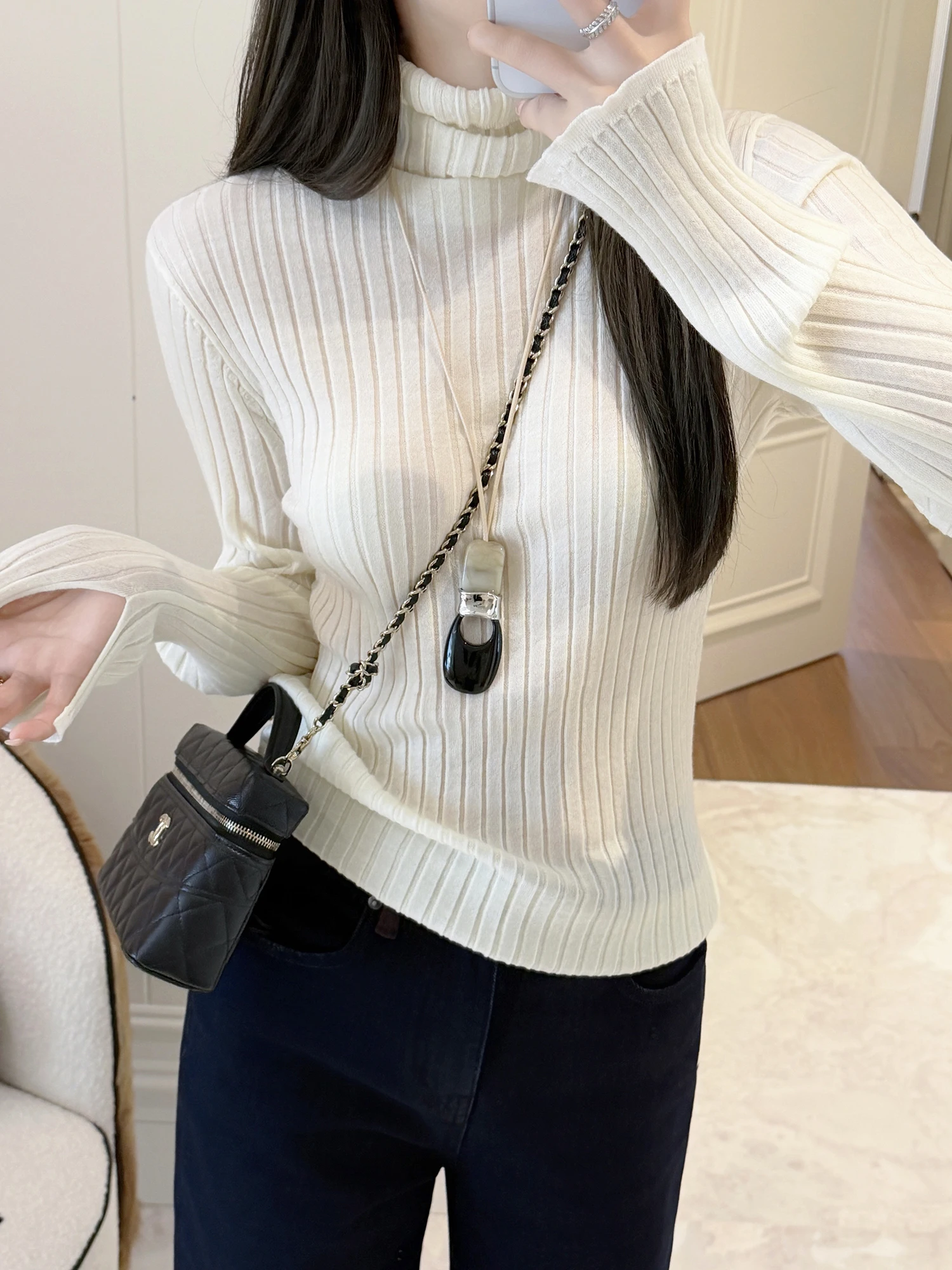 

Мягкий, уютный, облегающий вязаный шерстяной свитер с высоким воротом, теплый базовый слой, красивый шерстяной свитер в рубчик, повседневный, облегающий крой.