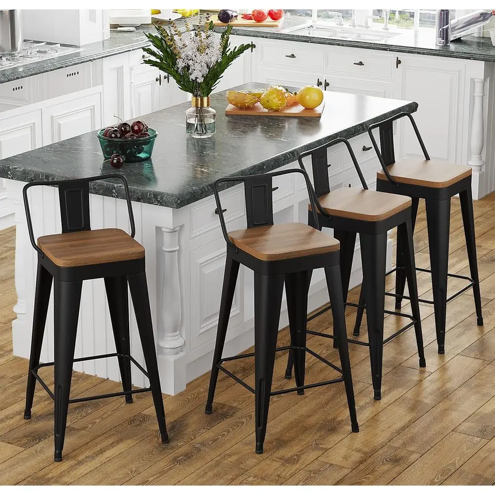 

Set of 4 Modern Metal Counter Height Bar Stools with Wooden Seats and Backs, 30 Black