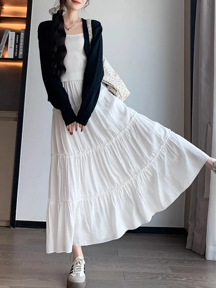 

Белая юбка А-силуэта с высокой талией, женская, зимняя, новая, полная юбка-«пирожное тесто», в корейском стиле, для офиса, с складками