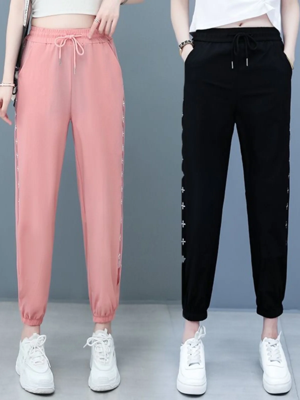 

Розовые спортивные брюки из ледяного шелка для женщин: летние, тонкие, свободные, с манжетами, защита от комаров, облегающие, высокоэластичные, в стиле харлан, с защитой от солнца